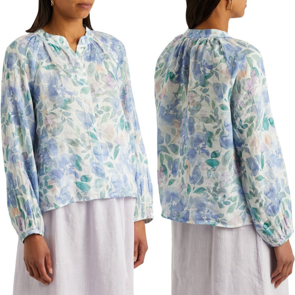 Bella Dahl Floral Print Linen Button Up Blouse Top Womens Medium Pastel Colorful